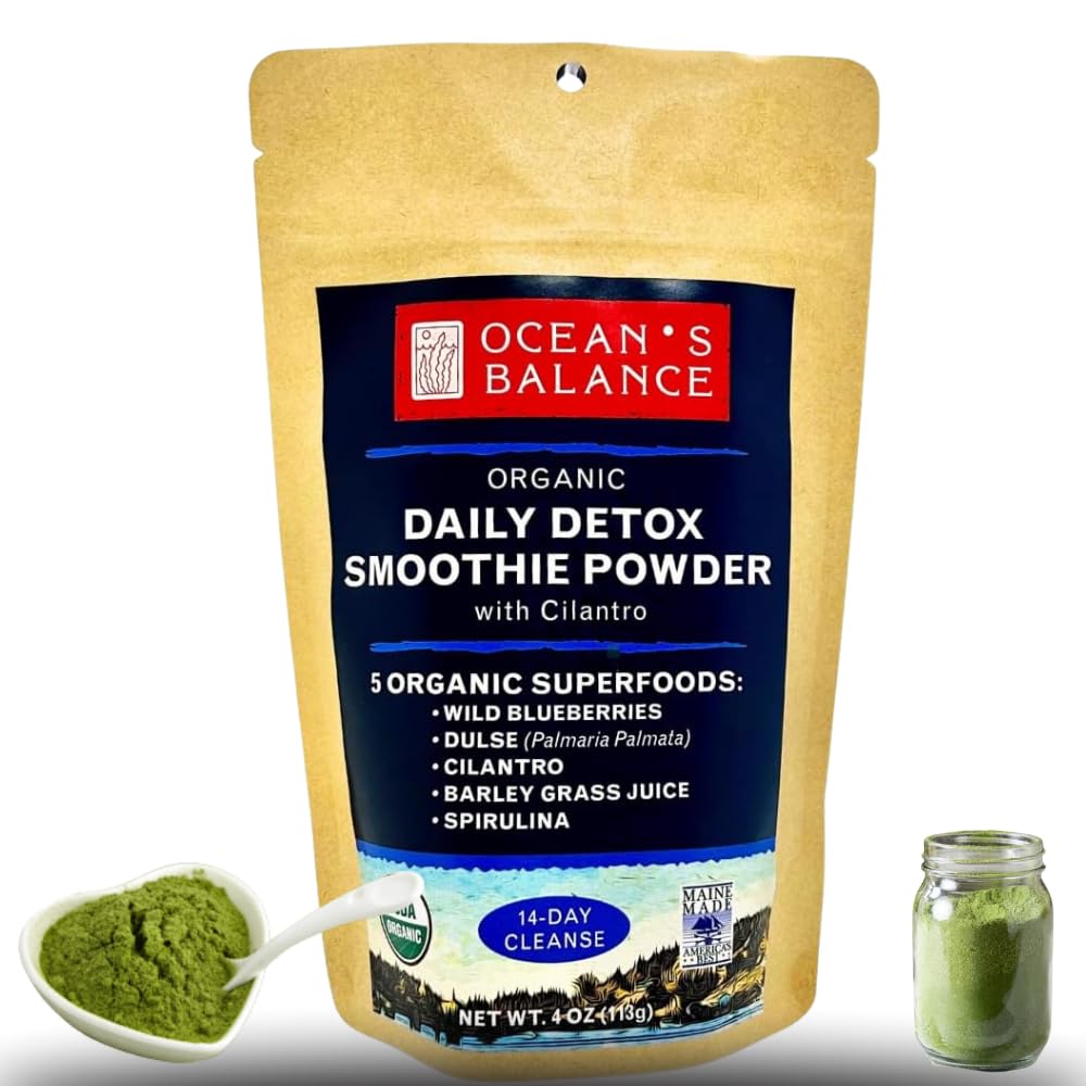 Polvere di Smoothie del detox giornaliero di equilibrio dell'oceano con Cilantro, Mirtillo, Spirulina, Polvere di succo di erba di Dulse Seaweed & Barley — miscela di Smoothie facilmente digerita per Detox Cleanse (4 oz - 1 Pack)