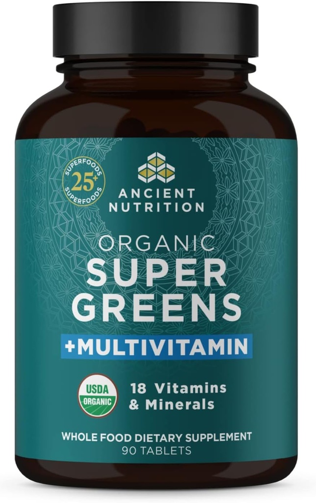 Antica Nutrition Supergreens Multivitamin Tablets, Polvere Superfood Organica con Multivitaminici Fatto da Frutti Reali, Verdura e Erbe, per Supporto Digestivo ed Energetico, 90 Conte