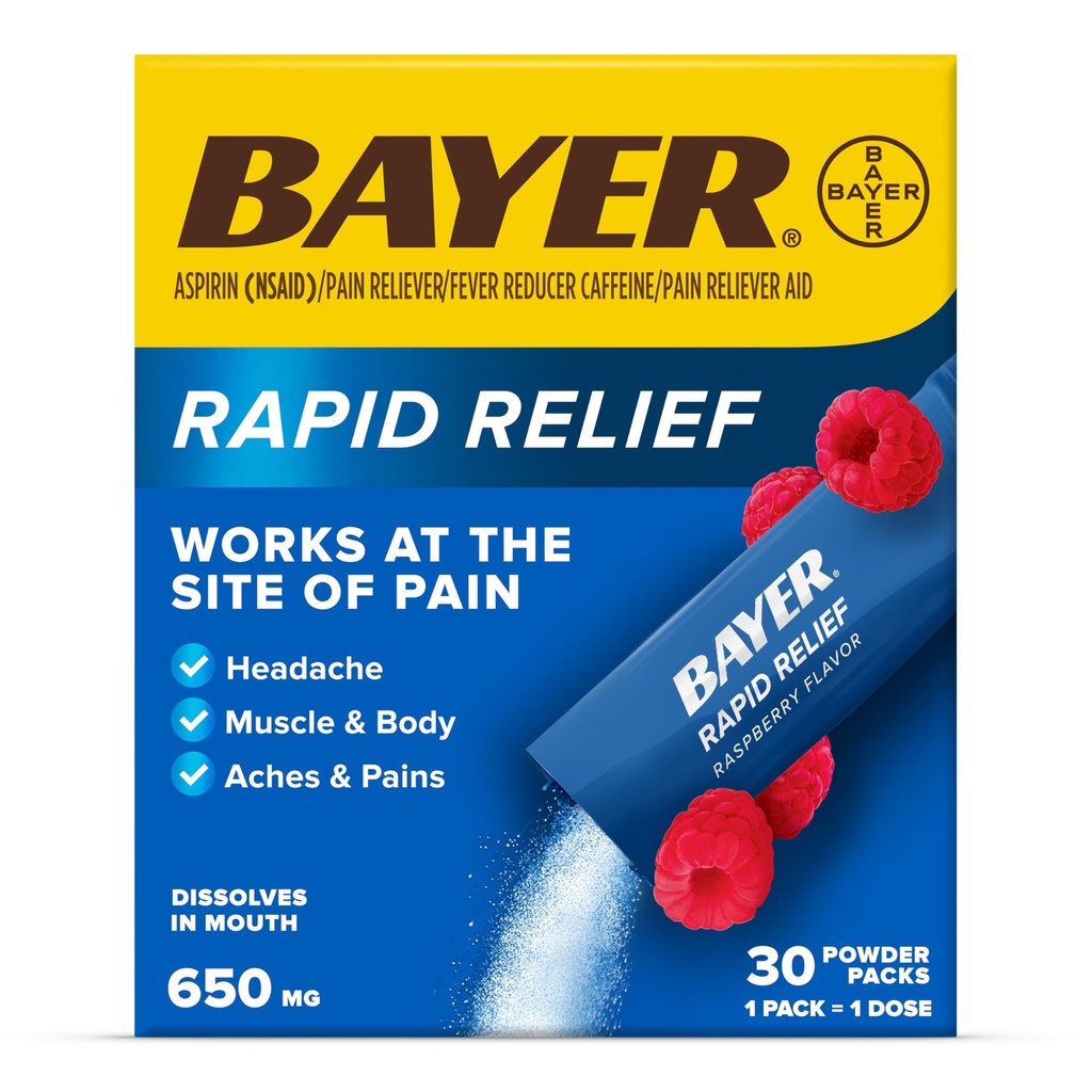 Bayer Rapid Relief Powder Packs with Aspirin & Caffeine, Dissolvable Fast Acting Pain Relief for Headache, Muscle and Body Pain, Raspberry Flavor (Packaging può variare), Confezione da 3 x 10 Conte