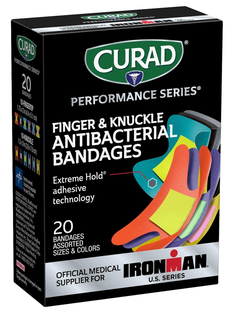 Serie di prestazioni CURAD Bandages antibatterico IRONMAN, tecnologia ad alte prestazioni, cerniere e cricchette, tessuto flessibile, pacchetto di varietà con dimensioni e colori assortiti, 20 conte