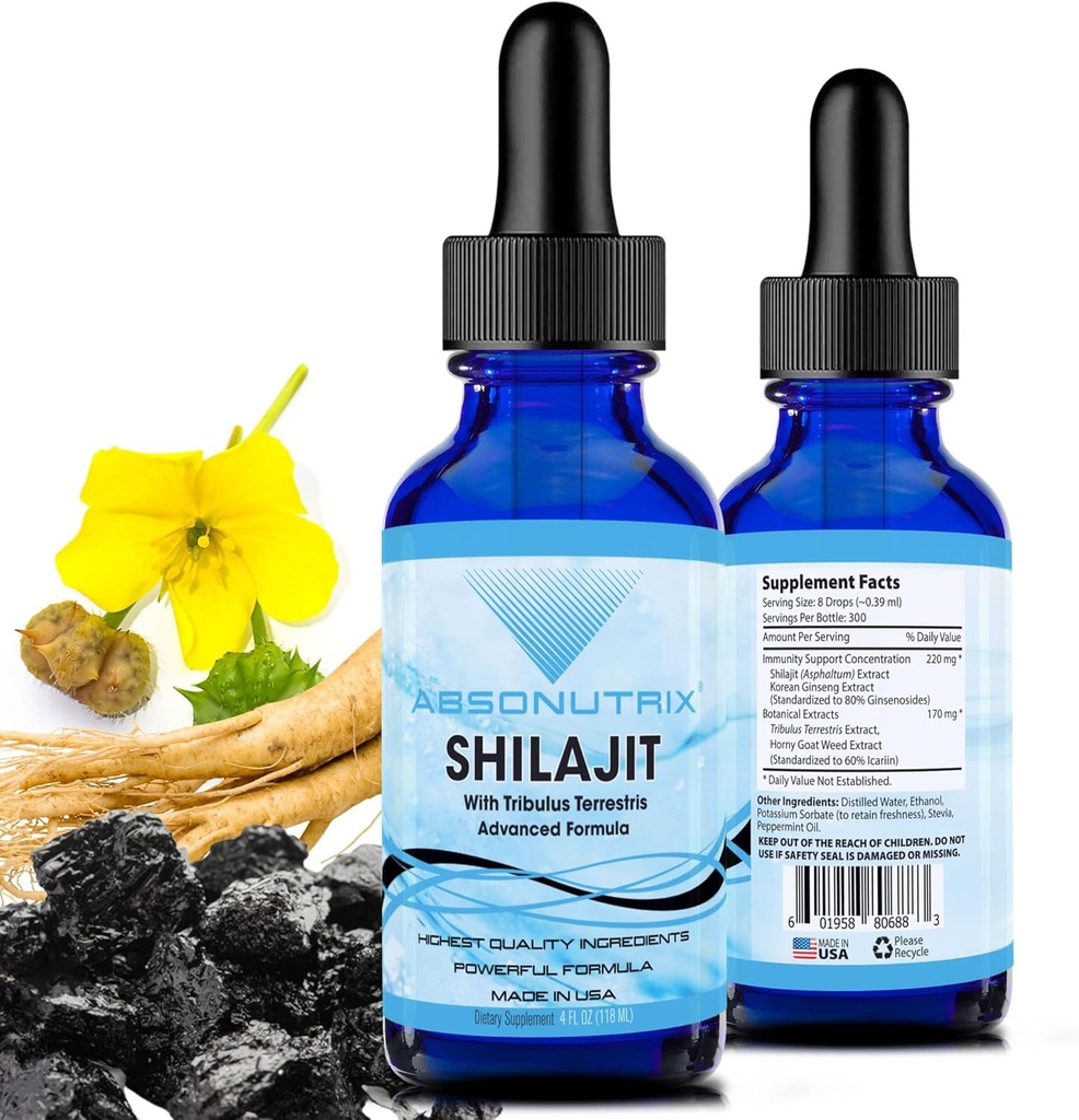 Absonutrix Shilajit mit Tribulus Terrestris 390 mg, 4 Oz Liquid, 300 Servierungen, Made in USA, Quick Absorber, Quality Potent Ingredients, Non-GMO, GMP Certified Facility, Cruelty-Free Products