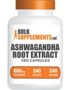 BulkSupplements.com Estratto di radice di Ashwagandha Capsules - Ashwagandha 600mg, Ashwagandha Supplement, Ashwagandha Root Capsules, Vegan & Gluten Free, 1 Capsule per Serving, 240 capsule di Veg