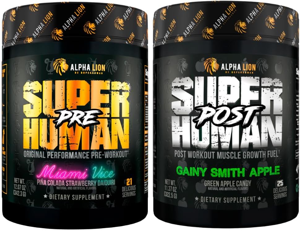 ALPHA LION Superhuman Pre Workout Powder & Post Workout Recovery Bundle (Miami Vice & Gainy Smith Apple)