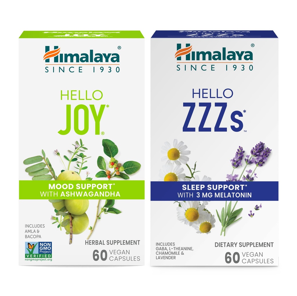 Himalaya Ciao gioia con Ashwagandha per migliorare l'umore e gli spiriti & Ciao ZZZs con la melatonina per il sostegno al sonno, 60 capsule ogni - Bundle