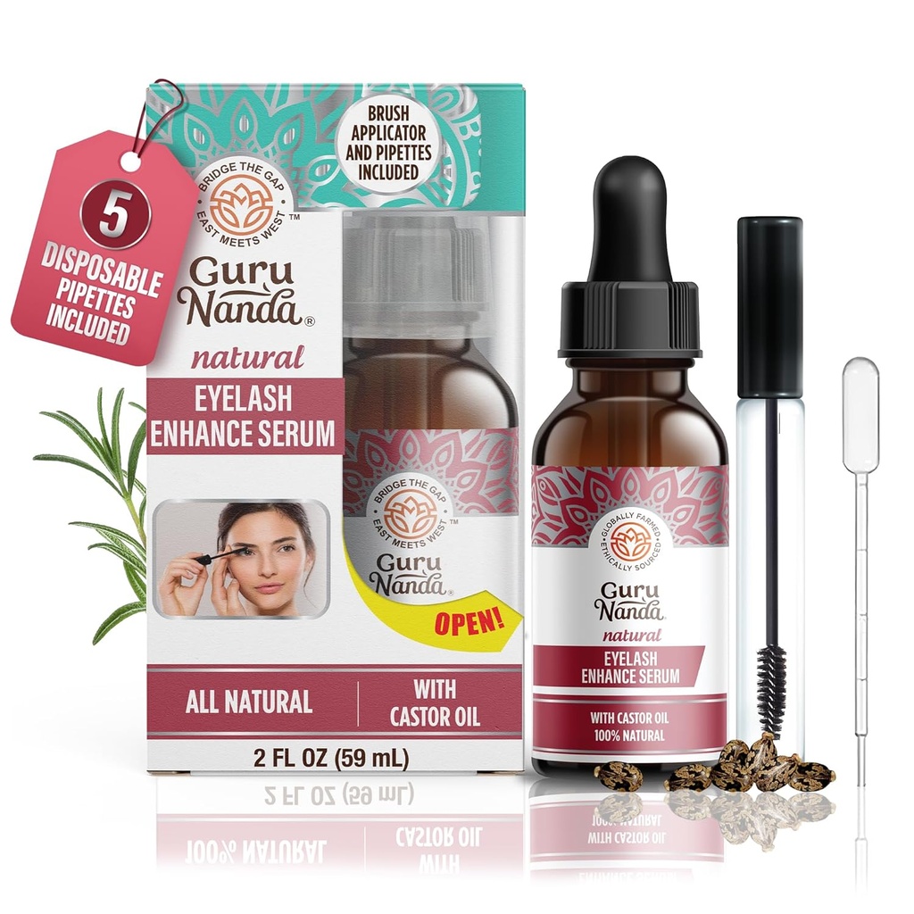GuruNanda Natural Castor Oil Eyelash Migliorare il siero con Rosemary Oil - Brush Applicator & 5 Pipettes, aiuta la crescita naturale dei capelli per sopracciglia & Beards, 2 Fl Oz