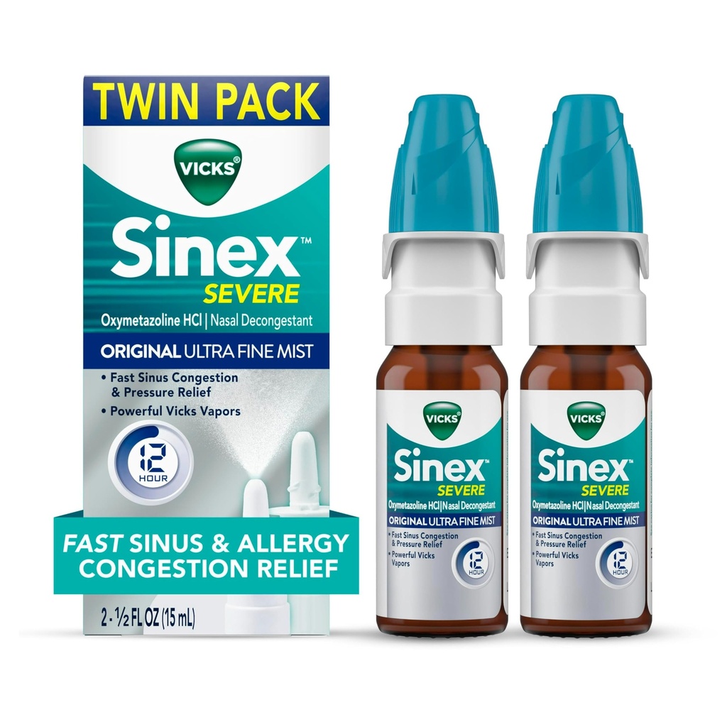 Vicks Sinex SEVERE Allergy & Sinus Nasal Spray, Original Ultra Fine Mist, Decongestant Medicine, Relief von Nasal Congestion durch Kalt oder Allergie, Sinus Druckentlastung, 265 Sprays x 2