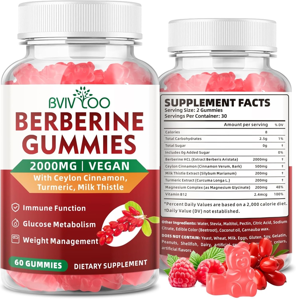 Premium Berberine Gummies, 2000mg Hohe Potenz Berberine HCI Supplement, Plus Ceylon Cinnamon, Milchdistel für Frauen & Männer, Immunsystem & Stoffwechselunterstützung - 60 Gummies