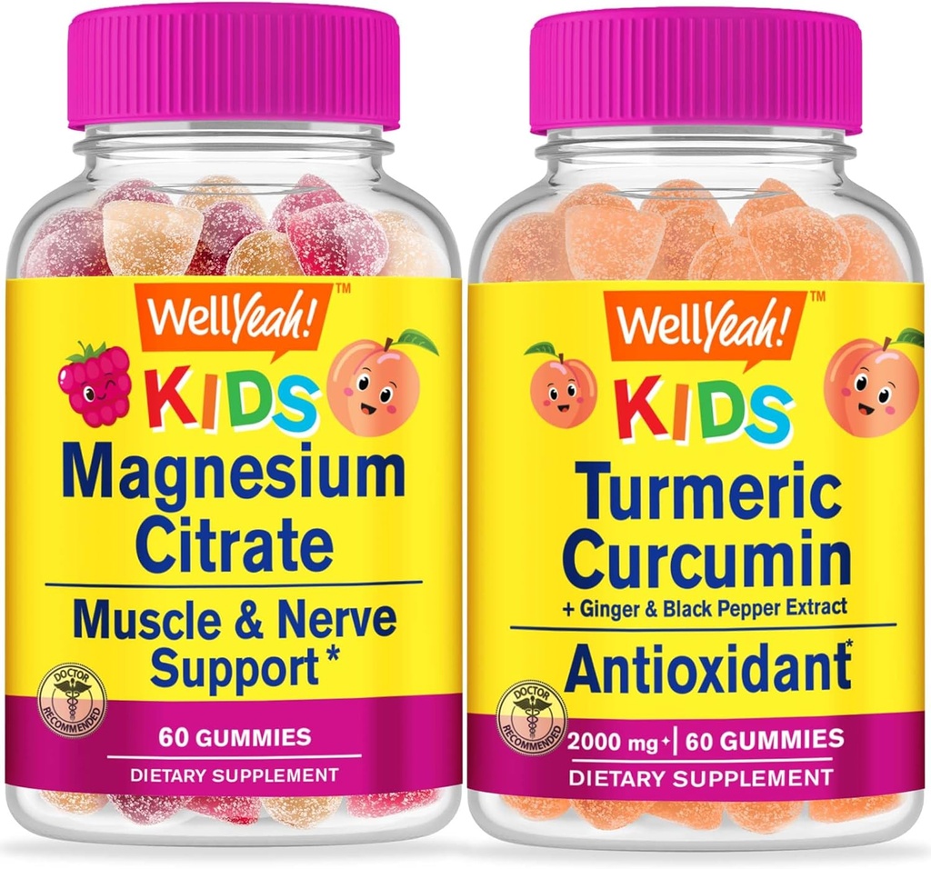 WellJa Magnesium Citrate Kinder + Kurkuma Kinder, Gummis Bundle - Große Verkostung, Vitamin-Ergänzung, Glutenfrei, GMO frei, Kaugummi