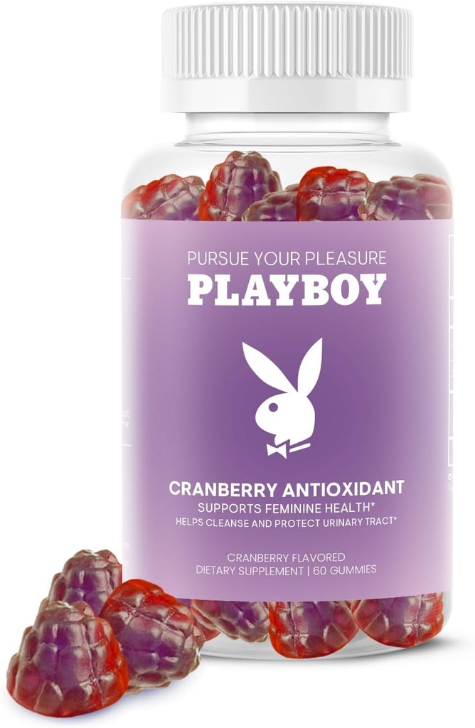 Playboy - Féminine Health Cranberry Antioxydant Gummies pour les femmes (60 comte - canneberge) Antioxydant riche pour nettoyer et protéger la santé du trac urinaire, l'odeur vaginale et l'équilibre Ph - non OGM, Gummy végétalien