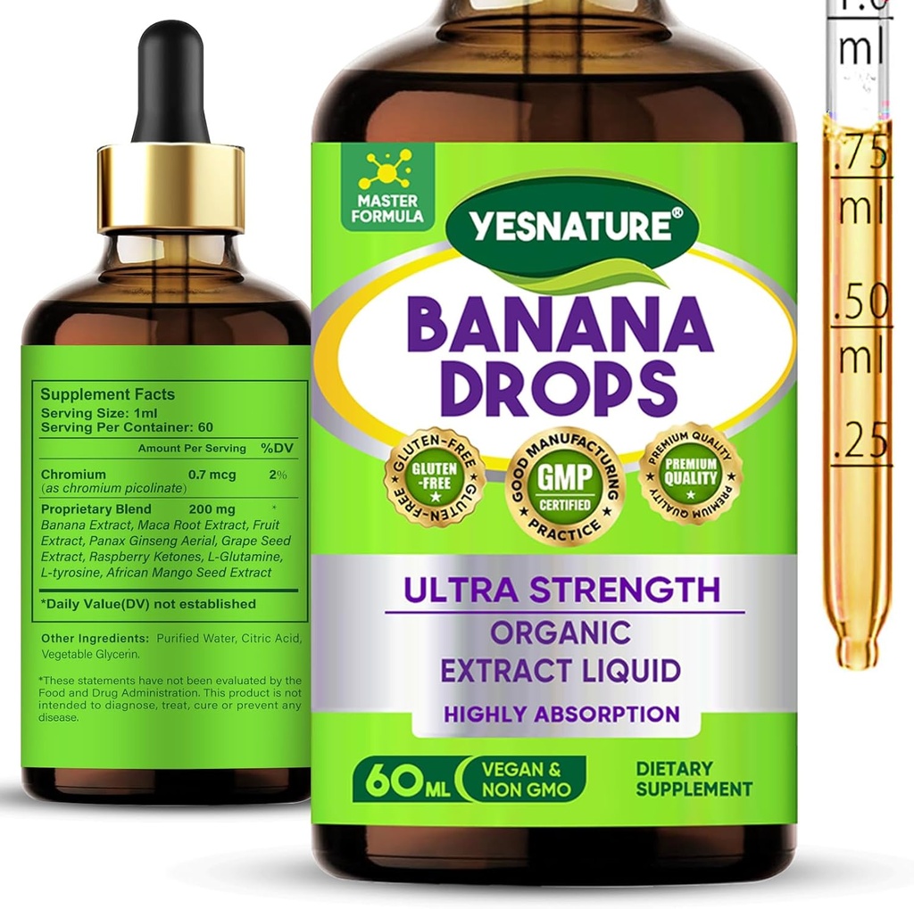 YESNATURE Banana Digestive Drops - Gentle Banana-Flavoured Gut Support with Natural Extracts - Promuove la digestione sana e regolarità - Sugar-Free, Non-GMO - 60ML