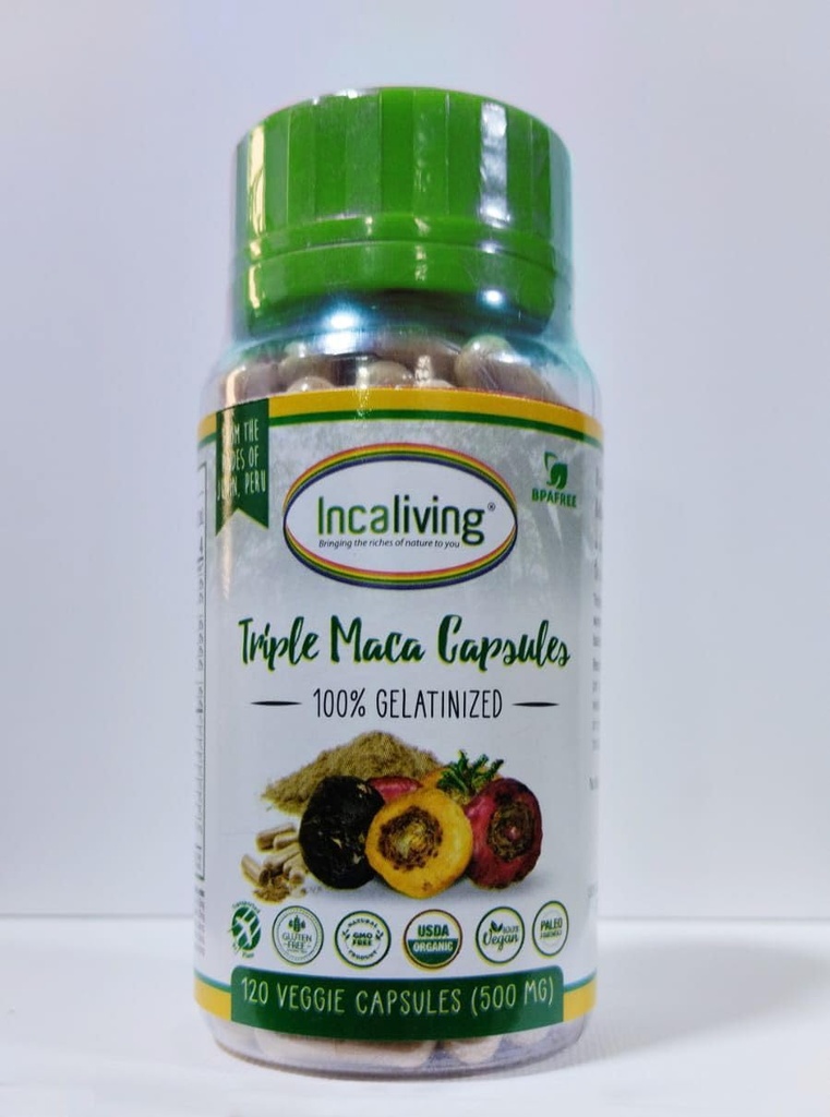 Incaliving- Triple maca Capsules 120ct. Authentic Peruvian maca Easy to take on The go Before a Work Out oder at The Start of Your Day