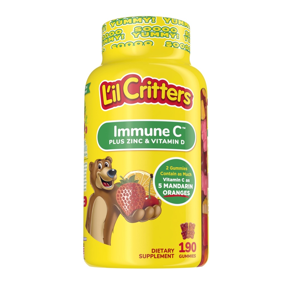 L'il Critters Kids Immune C Supplément Gummy avec vitamine C, zinc et vitamine D3 pour le soutien immunitaire, 190 ct (95-190 jours d'approvisionnement), 4 saveurs délicieuses d'Amérique Numéro Un Gummy Vitamine Marque