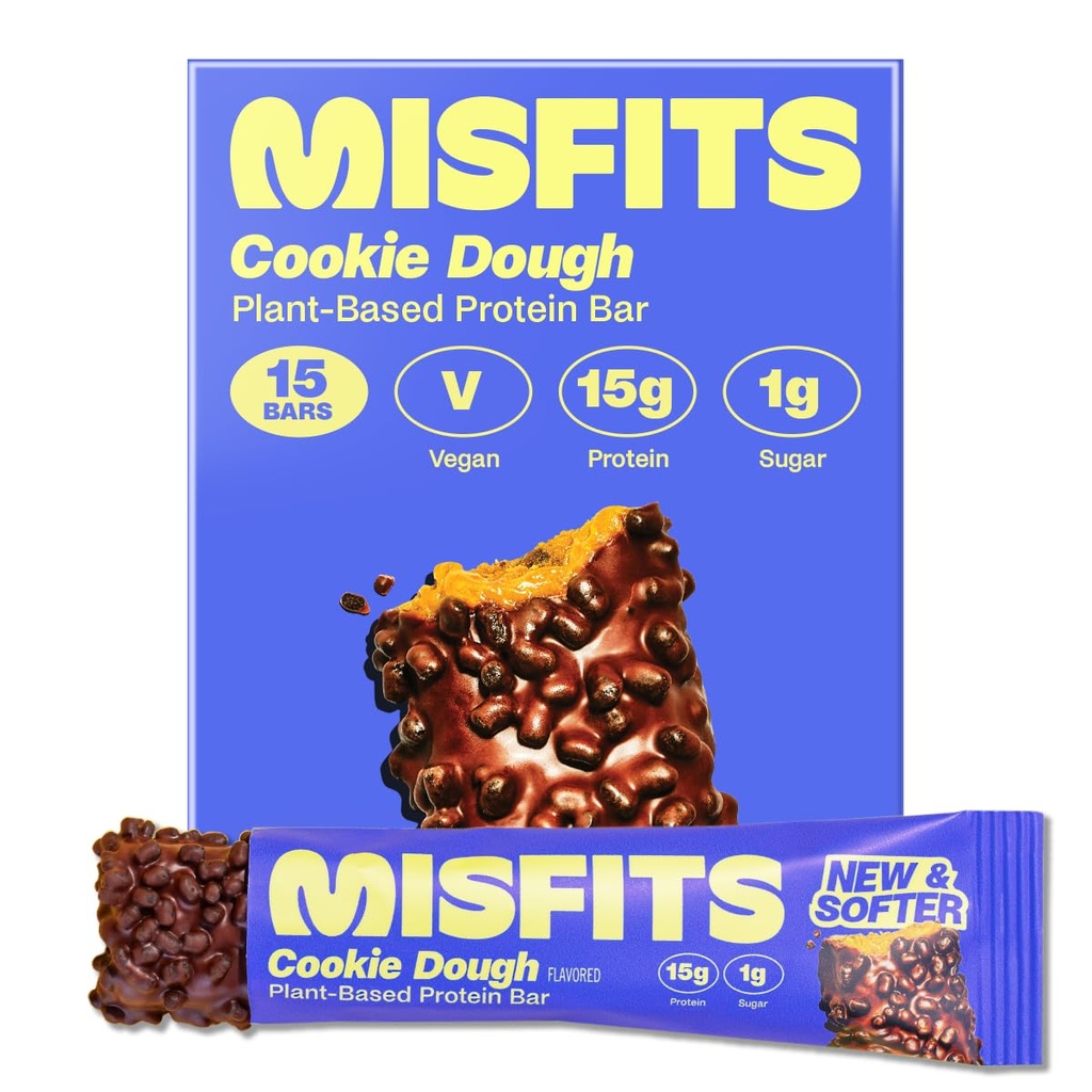 Misfits Barres de protéines végétaliennes, Toux à biscuits - Récipient mis à jour Basé sur la plante, faible sucre et glucides, haute fibre collations