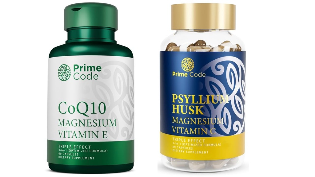 Prime Code CoQ10 250mg mit Magnesium Glycinat und Vitamin E, Psyllium Husk Kapseln mit Magnesium Citrat und Vitamin C