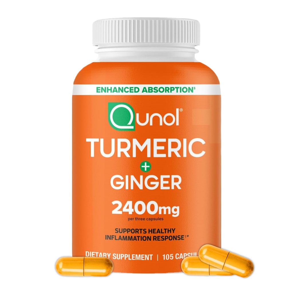 Qunol Kurkuma Curcumin mit schwarzem Pfeffer & Ginger, 2400mg Kurkumaextrakt mit 95% Curcuminoide, Extra Strength Supplement, Enhanced Absorption, Joint Support Supplement, 105 Count