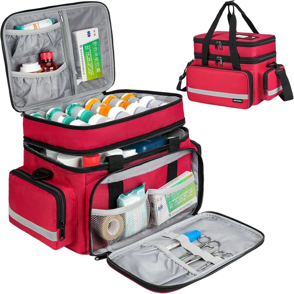 Große Pillen Flasche Organizer, Doppelschicht Medizin Aufbewahrungstasche mit abschließbaren Zippers und Schulterriemen,Medikation Reisetasche für verschreibungspflichtige Flaschen, Vitamine und medizinische Versorgung, Rot (nur)