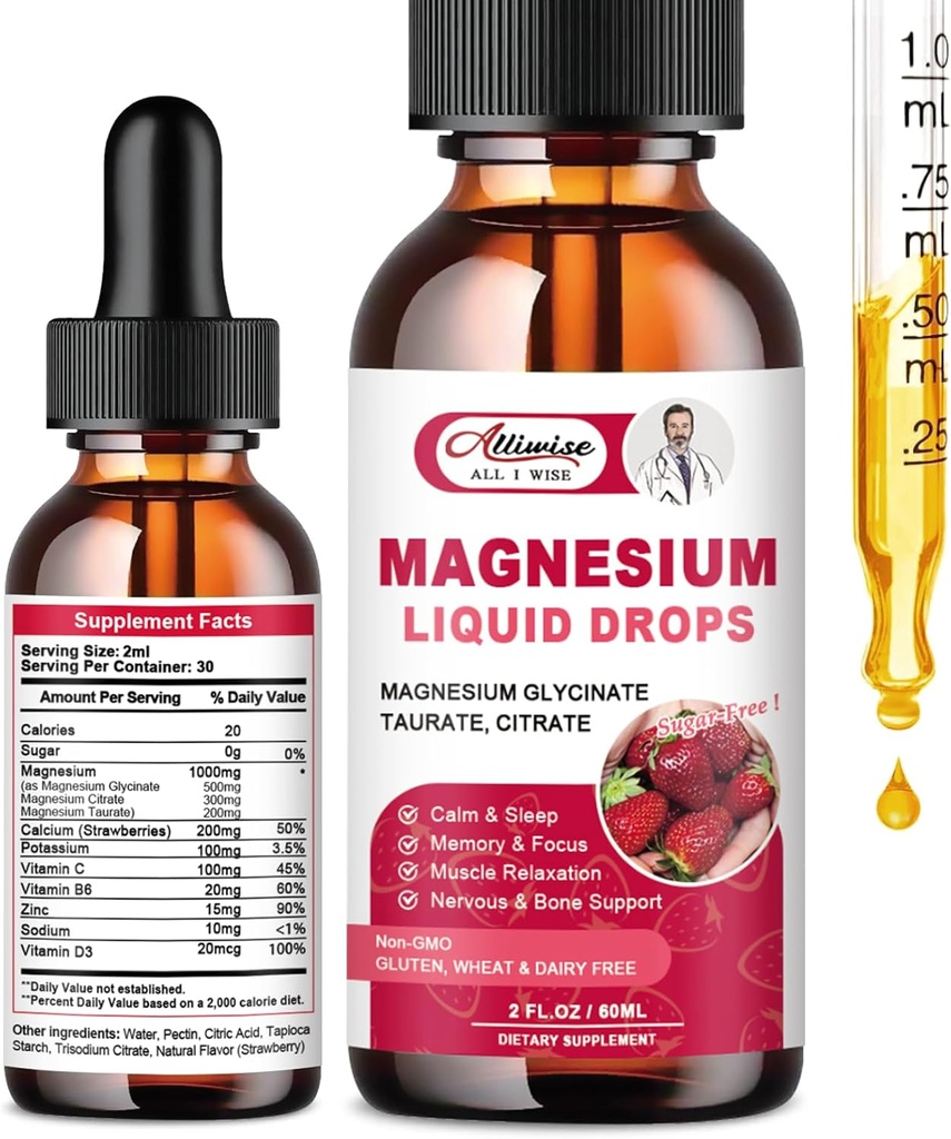 Hohe Absorption Magnesium Liquid Supplement 1000MG, Komplex mit Magnesium Glycinat 500MG, Citrat,Taurat für Bio-Verfügbarkeit. 3 TOP Magnesiums in einer Ergänzung-Strawberry Flavor
