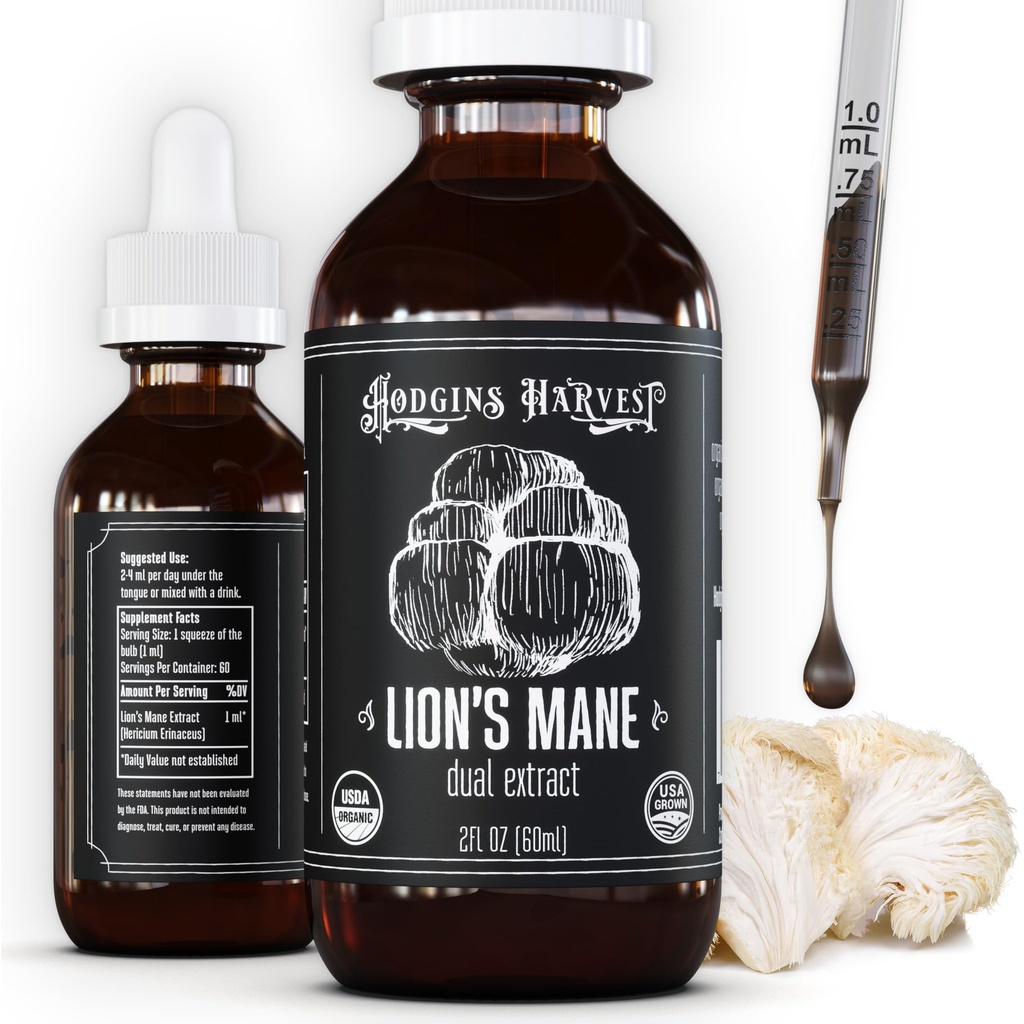 Hodgins Harvest Bio Lion's Mane Fruiting Body Extract Tincture - Pilz-Ergänzung für Gehirn Gesundheit und Mental Fokus - Dual Extract Formel - Extra Konzentrat - 2 fl oz Flaschen