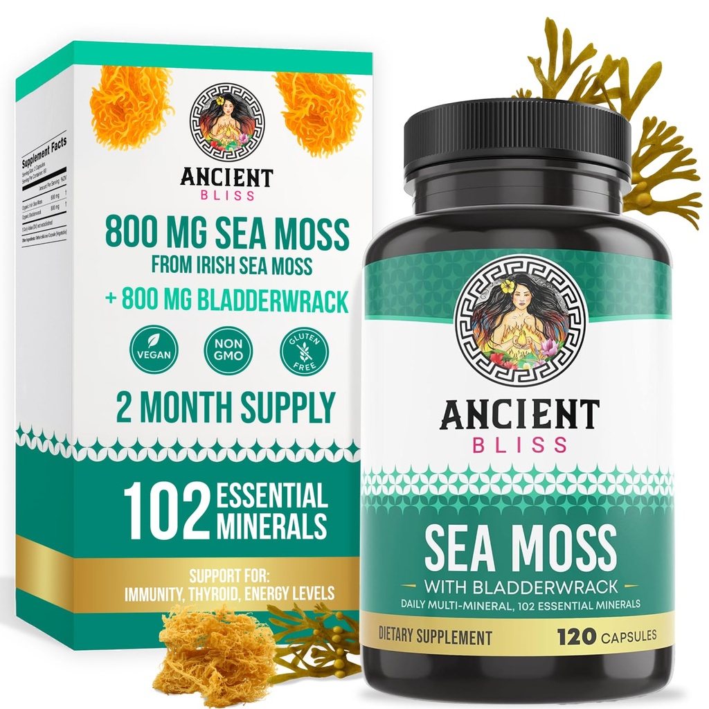 Antiche Beatitudine Organic Irish Sea Moss Pills - Dr Sebi Wildcrafted Seamoss Capsule | Thyroid, Healthy Skin & Gut Support | 120 capsule