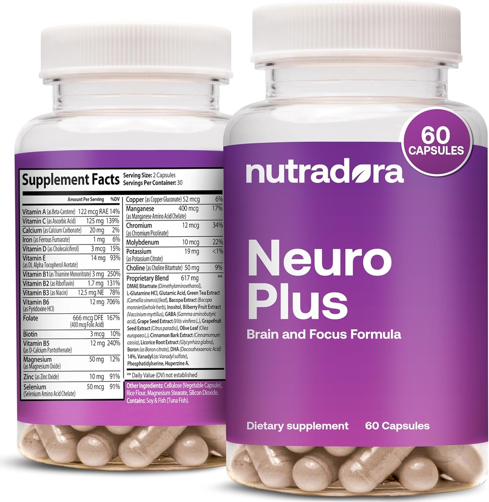 Neuro Plus Brain Supplement per Memoria e Focus, 41 Ingredienti, Premium Focus Supplement con DMAE Promuove la concentrazione & energia per uomini e donne, formulato in USA, 60 capsule