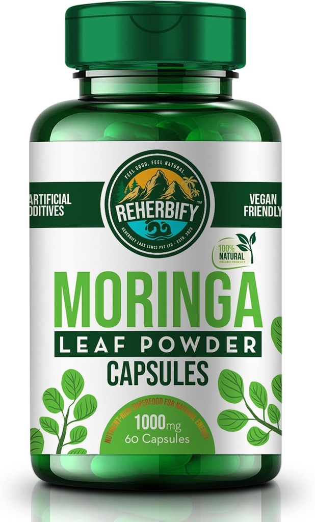 Moringa Kapseln von ReHerbify | 1000mg, 60 Kapseln | Organic Moringa Oleifera Blattpulver Ergänzung für Immunität und Wellness