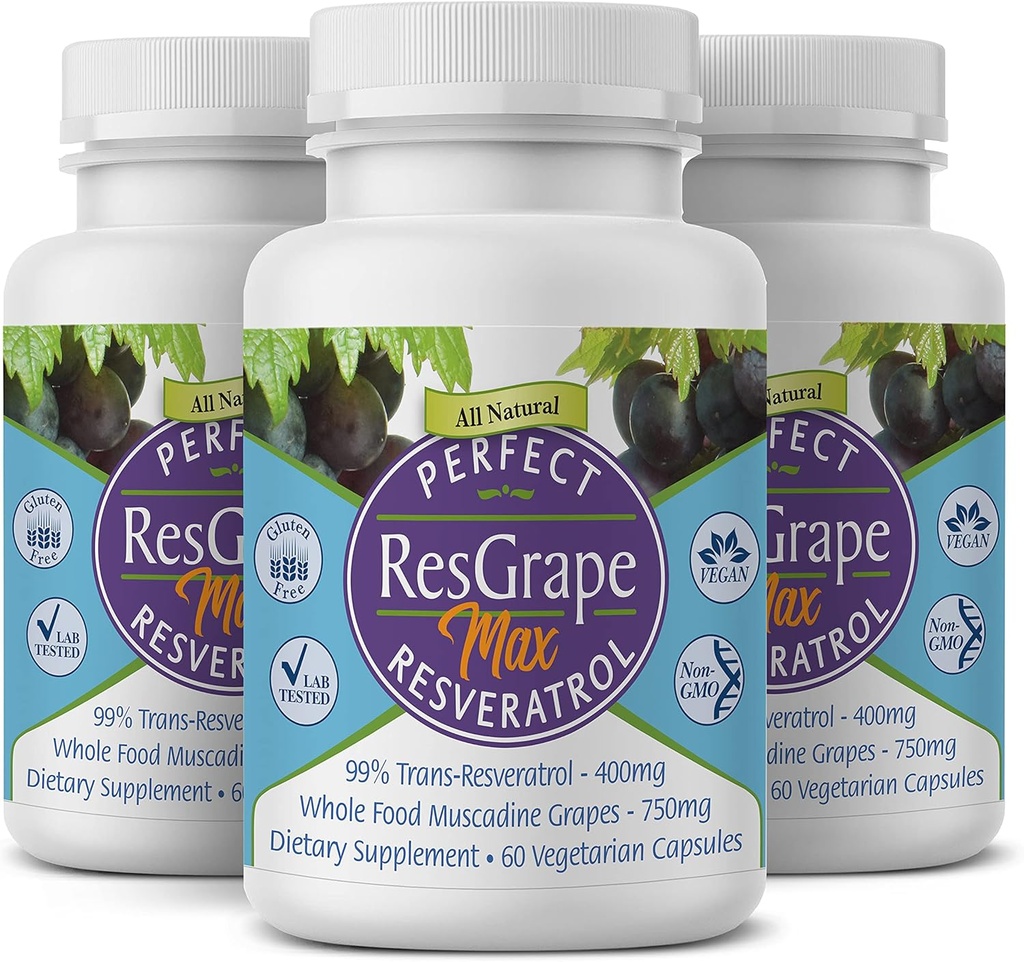 Perfect ResGrape Max, 60 pflanzliche Kapseln pro Flasche(Pack von 3) ~ 99% Trans-Resveratrol & Muscadine Grape ~ Anti-Aging Supplement & Potent Antioxidant