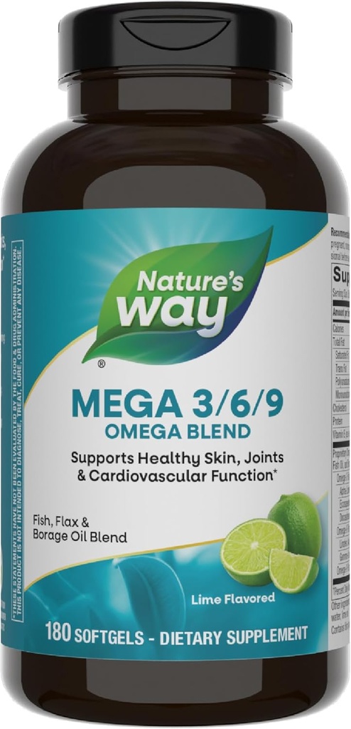Nature’s Way Mega 3/6/9 Omega Blend, Supports Healthy Skin, Joints, Cardiovascular Function*, Fish, Flax, Borage Oil, 180 Lime Flavored Softgels (Packaging May Vary)