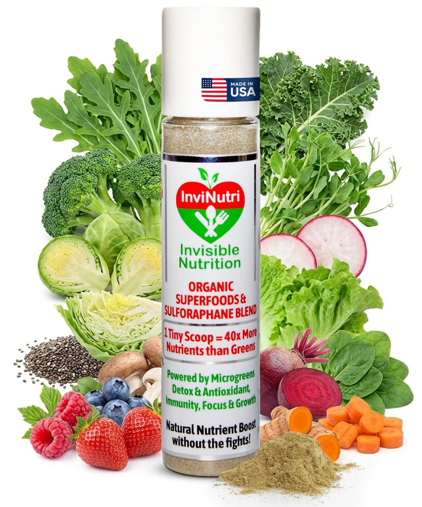 InviNutri Superfood-Pulver für Picky Eaters – Unvorteilhaft, sensory-Friendly – 40x Nährstoff-Rich, 30mg Sulforaphane – Organic Microgreens, Fruits & Veggies – Blends Unsichtbar Into Most Meals - 24 serv.