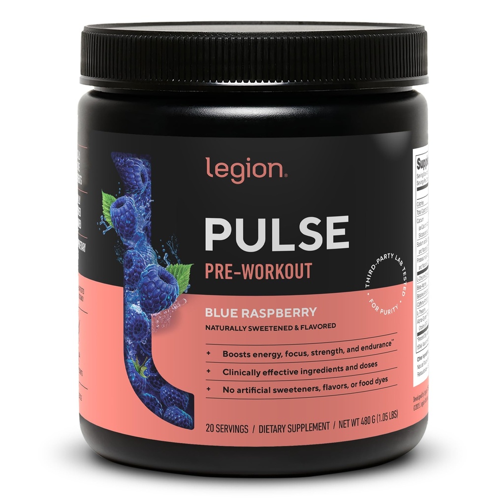 LEGION Pulse Pre Workout - Alle natürlichen Stickstoffoxyd Preworkout Trinken, um Energie zu steigern, Kreatin frei, natürlich gesüßt, Beta Alanine, Citrulline, Alpha GPC (Blauer Himbeer)