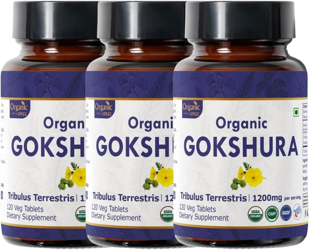 Gokshura 120 Tabletten | Tribulus Terrestris (Gokshura) | USDA Organic Certified | Unterstützt Immunität und Stärke | Organic und Natural 120tab - Packung mit 3