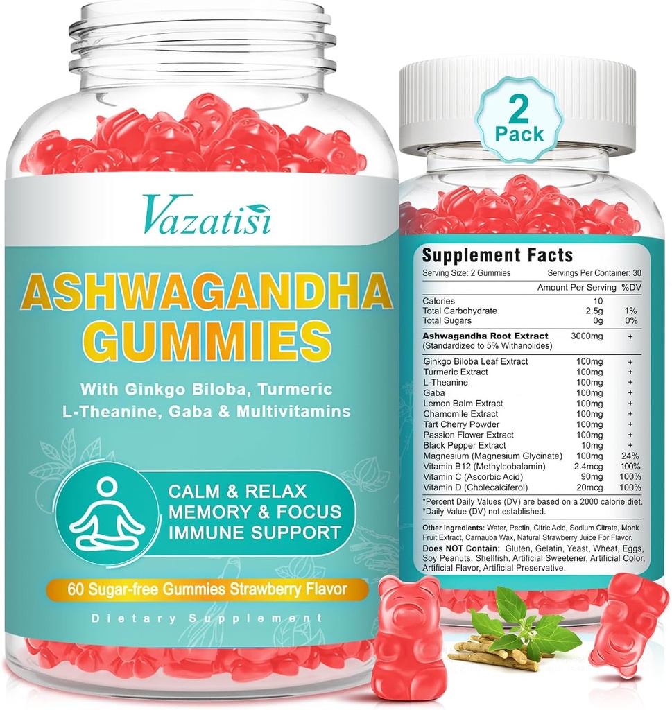 2 Pack Ashwagandha Gummis mit Kurkuma GABA Mood Energie und Immununterstützung, Erdbeer Flavor 120 Cts