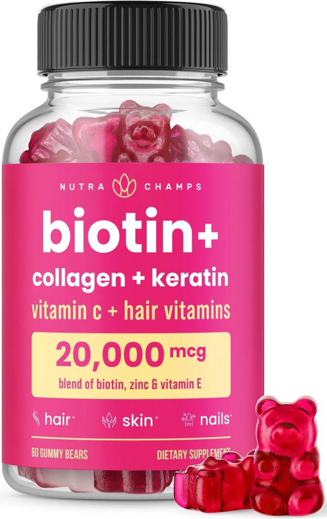 NutraChamps Hair Skin & Nails Gummies | Biotina con Collagen & Keratin | 5000mcg Biotin Beauty Complex | Integratore di Vitamina per Donne & Uomini | Berry | Capelli Sani, Pelle Radiante & Grandi Unghie