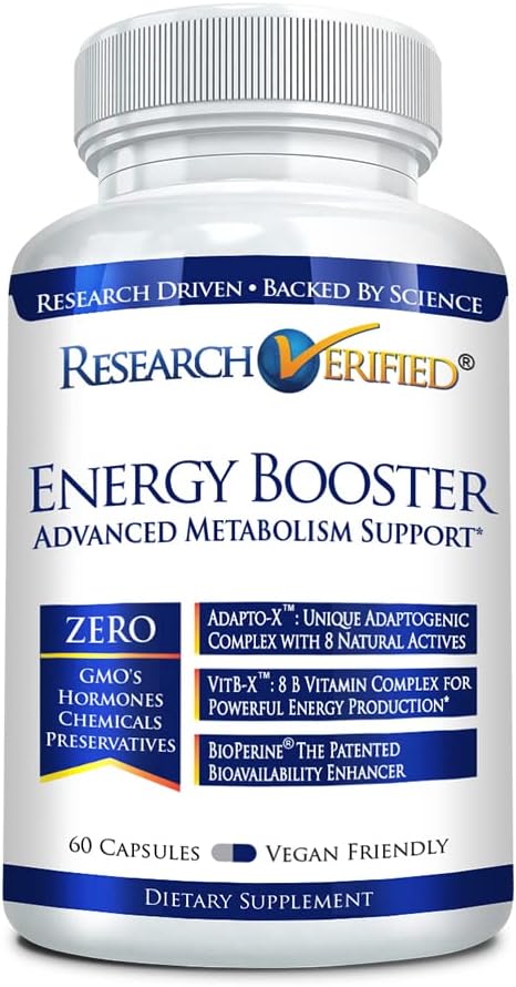 Forschung Verified Energy Booster - Natural Energy Support - 60 Kapseln - Koffeinfrei - B Vitamine und Adaptogene - 1 Monat Versorgung
