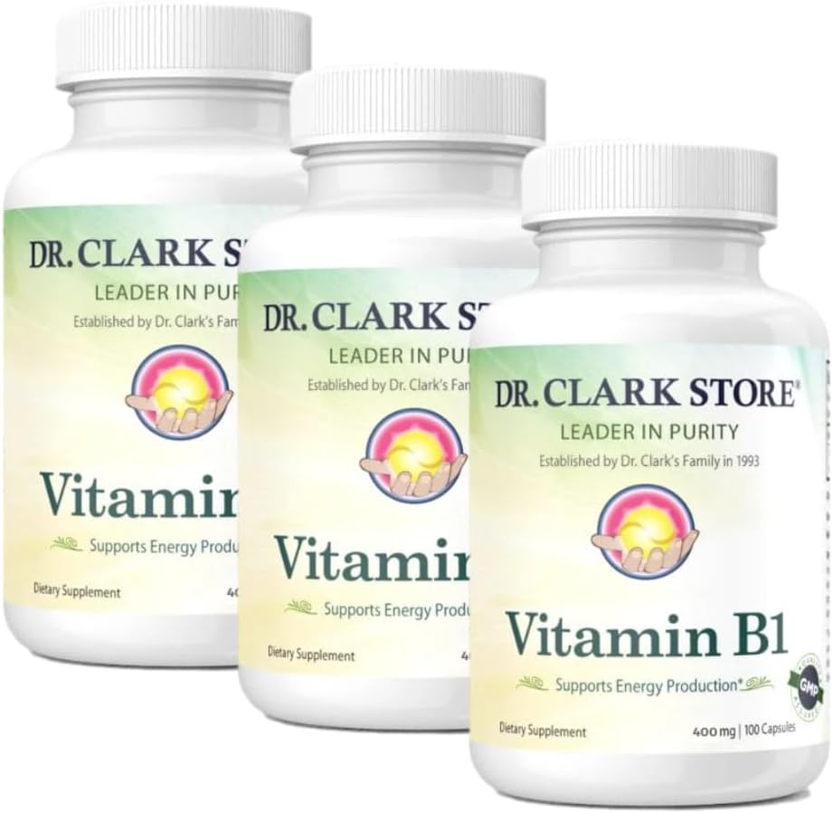 Bernard Jensen's Dr. Clark Store Vitamin B1 Thiamine 500mg Supplement -Thiamine B1 Ergänzung für gesunde Nervensystem und Energie Metabolismus, Glutenfrei, Dairy Free - 100 Gelatin Kapseln 3Pack
