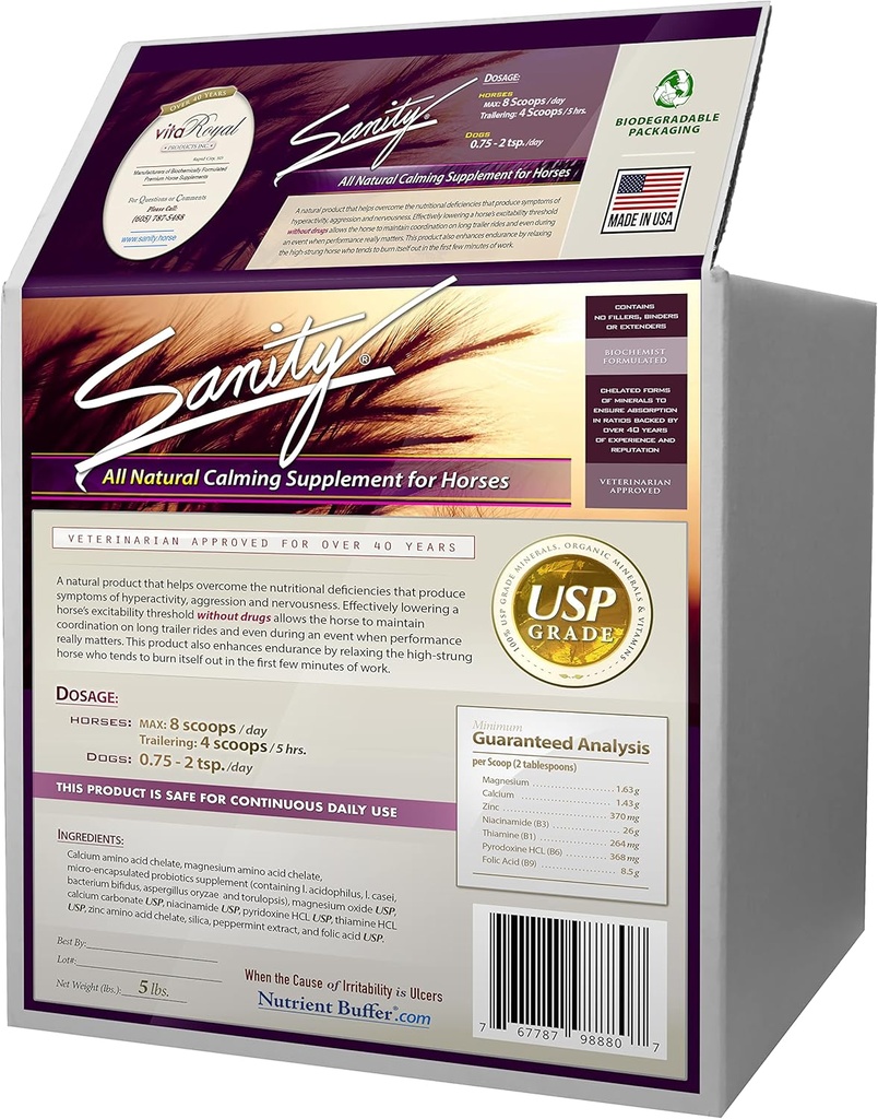 Sanity - Equine Behavioral Calming Focus Supplement für Pferde - Magnesium, Calcium, Zink, B Vitamine, Aminosäuren, Probiotika, Thiamin, Folsäure, Niacin, Pfefferminz &amp; Mehr