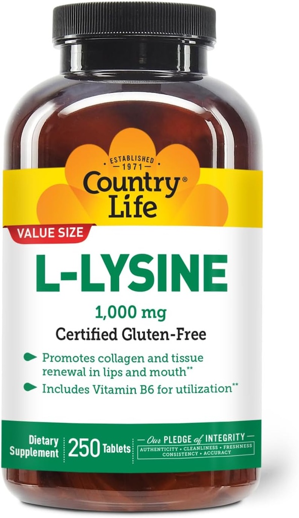 Country Life L-Lysine 1000mg avec B-6, soutient la santé immunitaire, favorise le renouvellement du collagène dans les lèvres et la bouche, 250-Count, certifié sans gluten, certifié végétalien