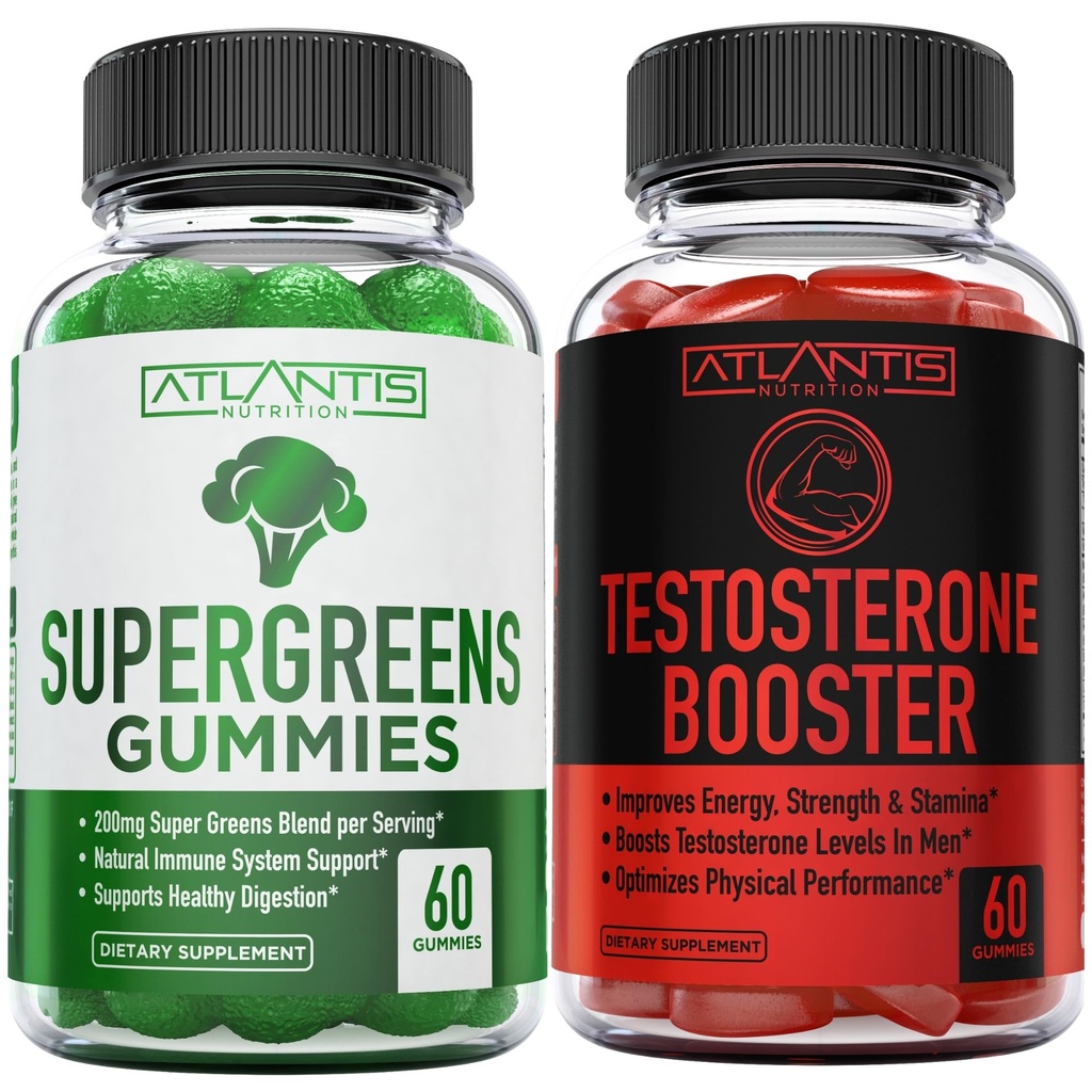 Atlantis Nutrition Supergreens 60 Gummies + Booster de testostérone 2-pack (120 Gummies)