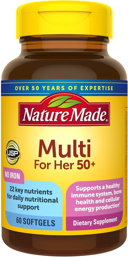 Natura Made Multivitamin Per il suo 50+ con No Iron, Donna Multivitamina per il supporto nutrizionale giornaliero, Multivitamina per le donne, 60 Softgels, 60 giorni di alimentazione