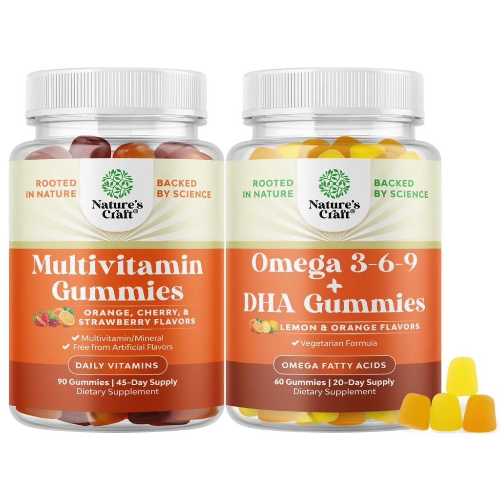 Bundle di Multivitamin Gummies - Mummie Halal Multivitamin con B12 Biotin Zinc & Vitamina D e Vegetariano Omega 3 6 9 DHA Gummies per il cervello Bone Heart Health e Joint Support - Burpless Fish Free