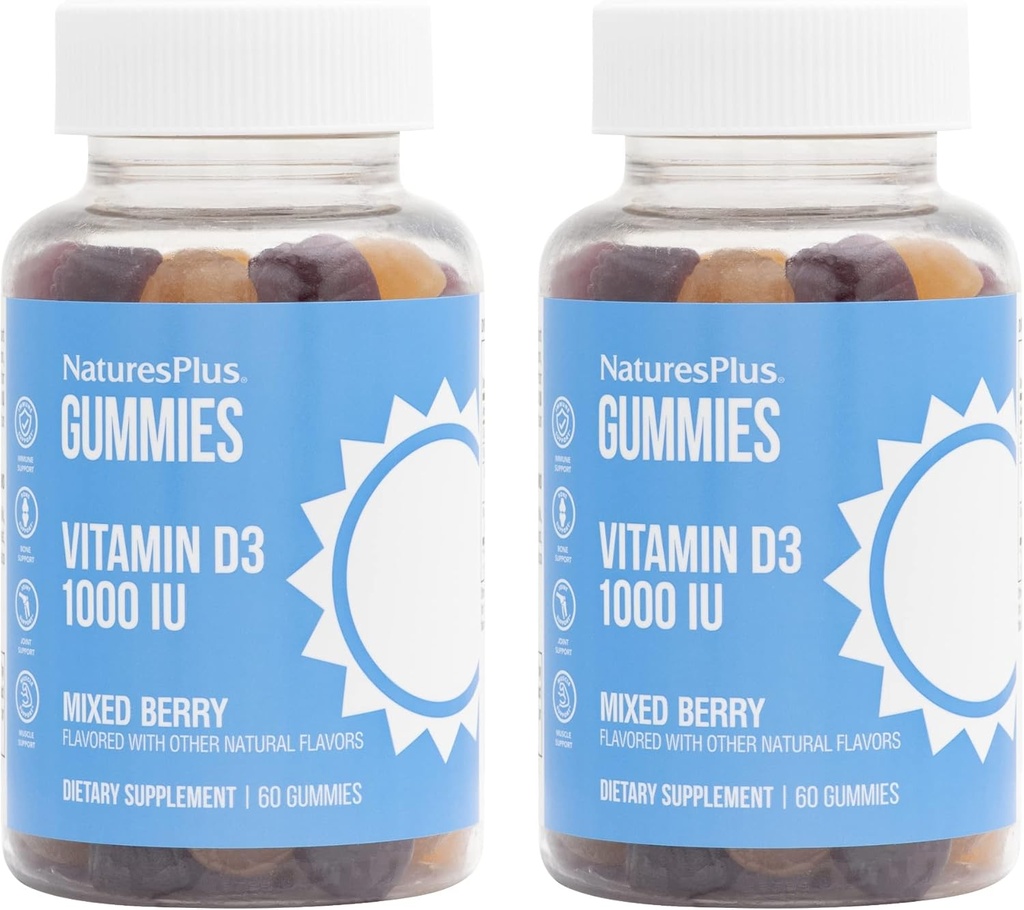 NaturesPlus Gummies Vitamine D3 1000 UI, Berry mixte - 60 Gummies, Pack de 2 - Promotion de la santé osseuse et fonction immunitaire - Vegan, sans gluten, non-OGM - 120 Total des portions