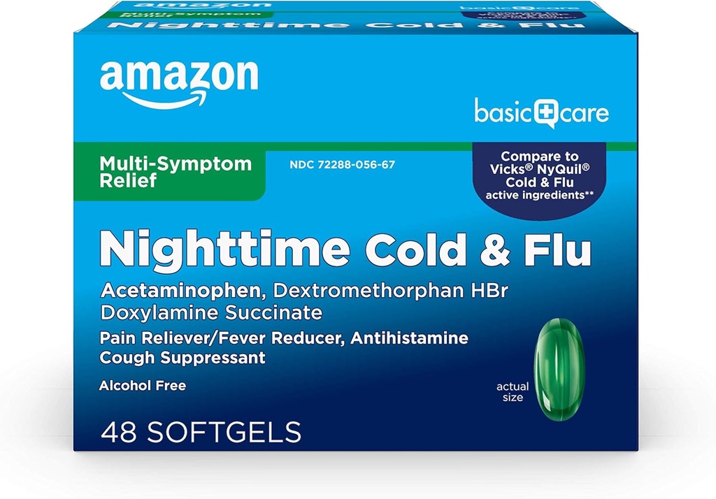 Soins de base Fromage nocturne et softgels de soulagement de la grippe, 6 heures de médecine froide, soulage les symptômes majeurs de la grippe afin que vous puissiez vous reposer, 48 comtes (paquet de 1)