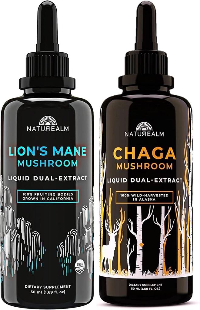 Naturealm Lion's Mane & Chaga Mushroom Extract - Adaptogen Stack for Focus, Immunity, Longevity, Stress Relief, Gut Health, Anti-Aging, Energy & More - Organic Liquid Drops - 50 mL Ciascun (2 Pack)