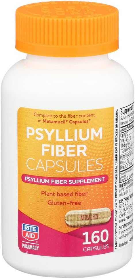 Rite Aid Psyllium Fiber Capsule, 160 Count, Psyllium Fiber Supplement, | Rilievo di costipazione | 100% Natural Psyllium Husk Fiber | Aiuta a ripristinare la regolarità | Promuove la salute digestiva