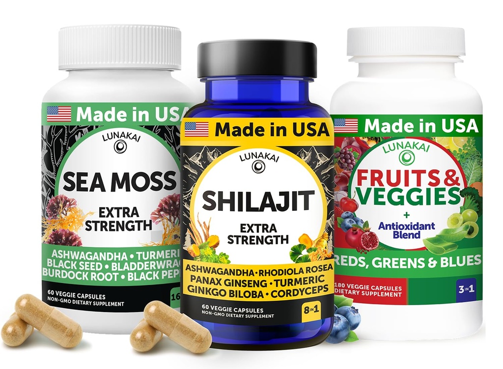 Lunakai USA Made 3-in-1 Supplement Capsule Pack – Shilajit, Irish Sea Moss & Superfood Fruits and Veggies