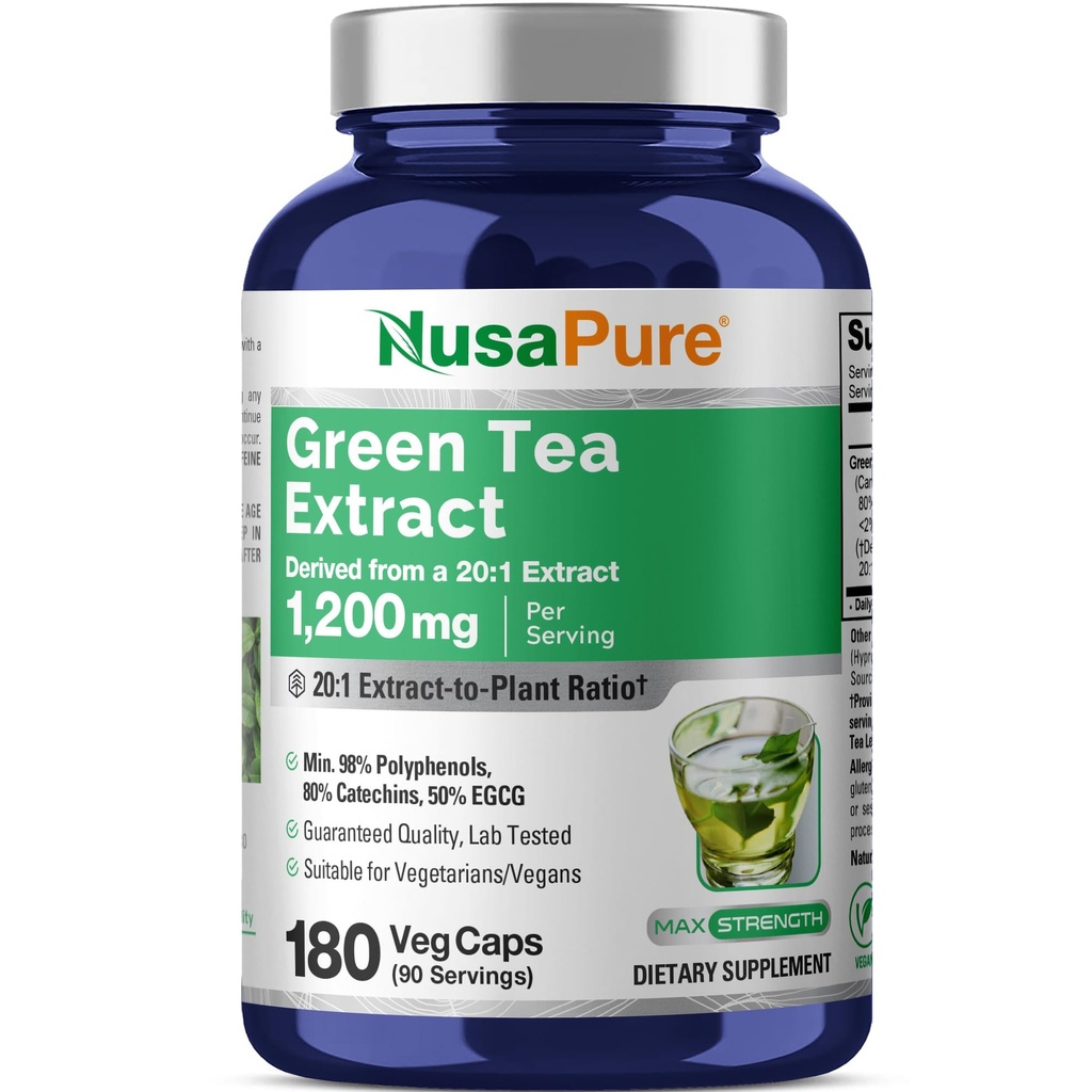NusaPure Green Tea 20:1 Extrakt, 1200 mg Äquivalent zu 24000mg, 180 Vegan Kapseln, 50% EGCG, 98% Polyphenole, 80% Catechins