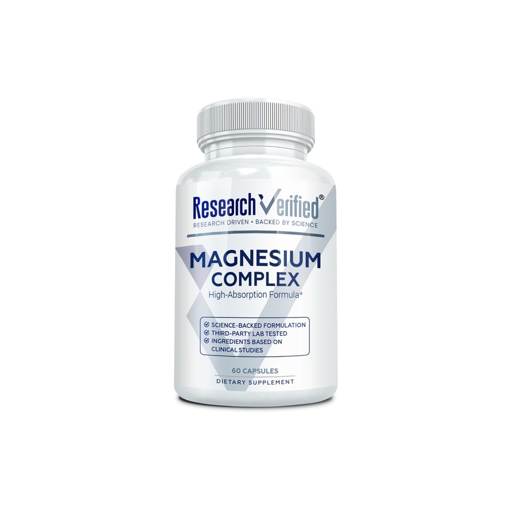 Research Verified Magnesium Complex - Brain, Muscle and Nerve Support - Magnesium Bisglycinate, Malate, Citrate, and Oxide - Bioperine - Vegan - 60 Capsules - Pack of 1