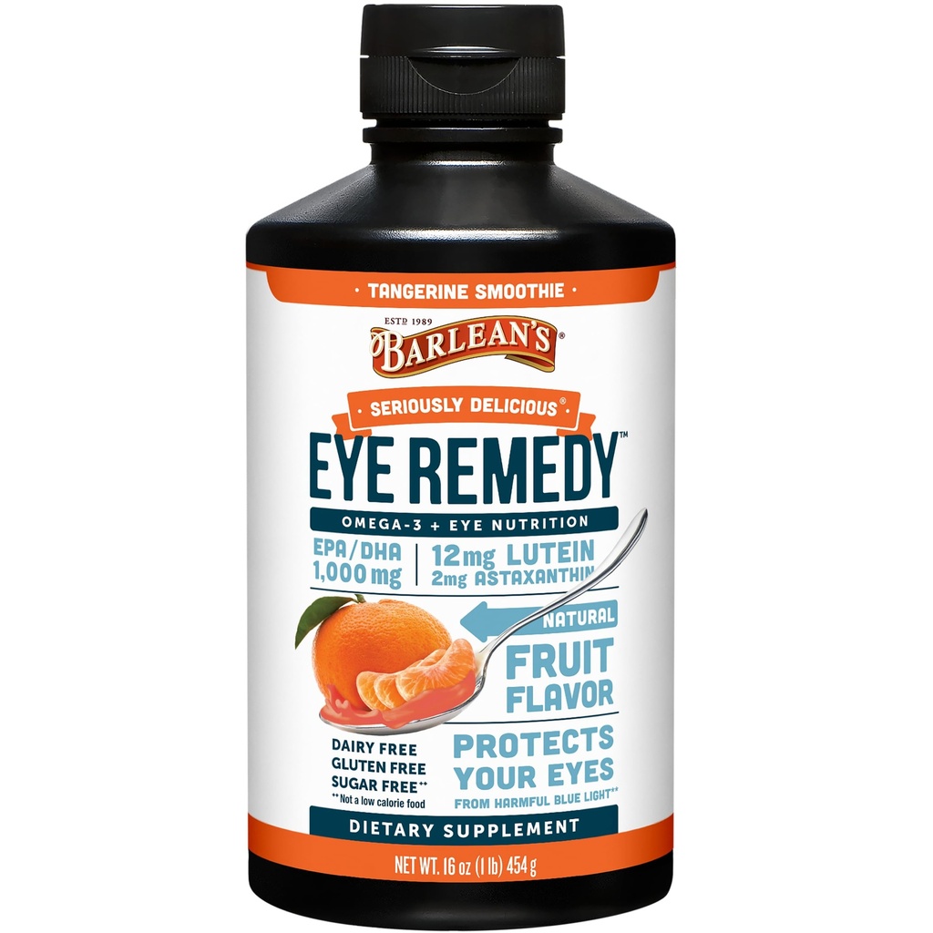 Barleans Eye Remedy Supplement, Tangerine Flavored Fish Oil Liquid mit Lutein, Astaxanthin und Zeaxanthin, 1.000mg Omega 3 EPA DHA, Augenpflege Supplements, 16 oz
