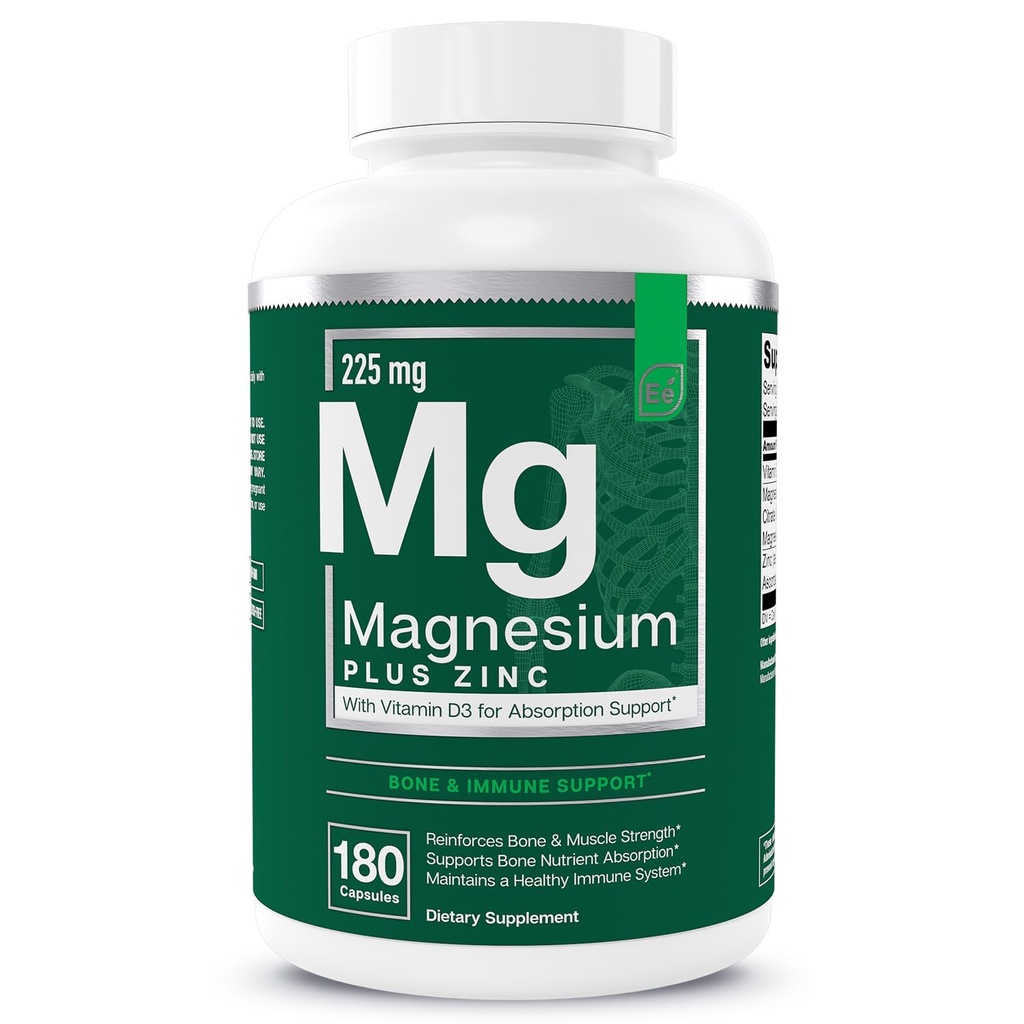 Wesentliche Elemente Magnesium Plus Zink mit Vitamin D3 | Wissenschaftlich geformtes Herz, Knochen & Muskel-Unterstützung | 225mg Triple-Strength Magnesium Complex mit Glycinat, Malat, Citrat | 180 Count