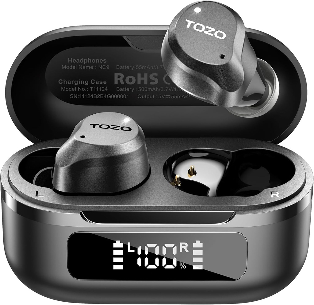 TOZO NC9 Hybrid Active Noise Cancelling Wireless Earbuds, 6 Mics ENC Clear Call, IPX8 Impermeabile, nell'orecchio Bluetooth 5.3 Cuffie Stereo Bass Ear Buds 59H Tempo di riproduzione con display LED 32 EQ tramite APP