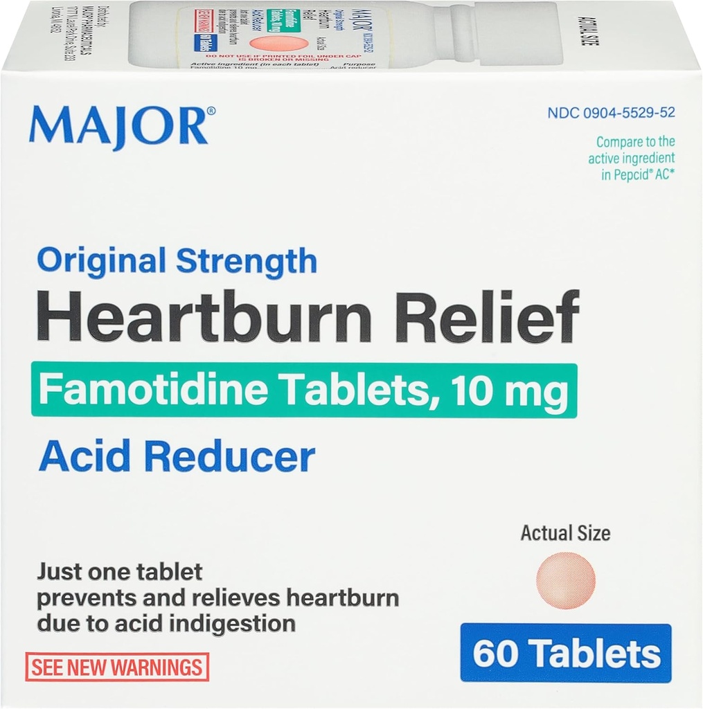Major Original Strength Heartburn Relief - Famotidin Tabletten, 10 mg - Säure Reducer - 60 Tabletten